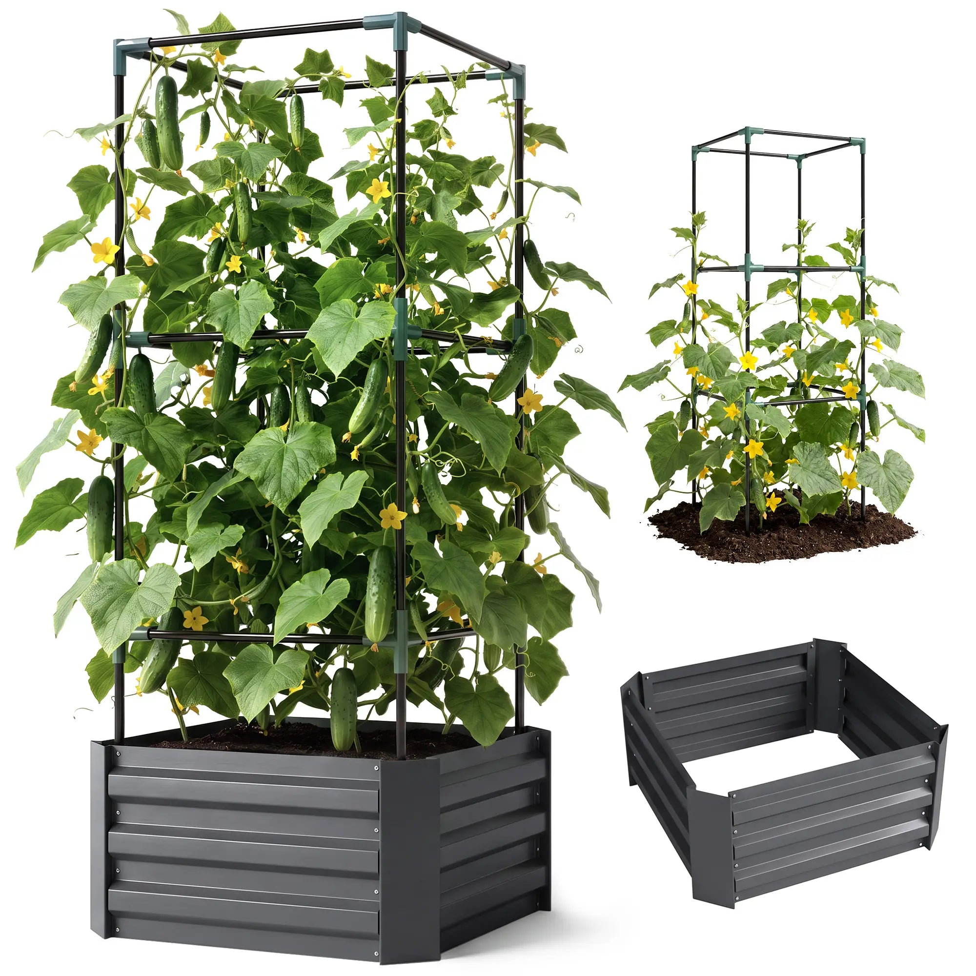 Galvanized Planter Box, Raised Garden Bed with Trellis, Grey Galvanized Planter Boxes Charcaol Grey at Gallery Canada
