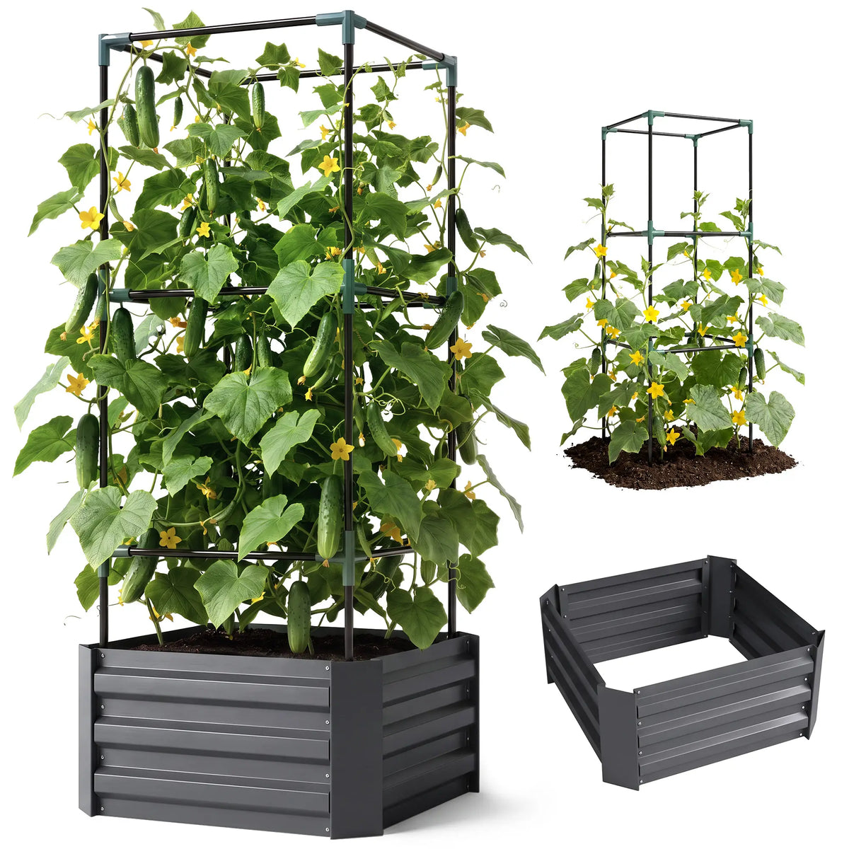 Galvanized Planter Box, Raised Garden Bed with Trellis, Grey Galvanized Planter Boxes Charcaol Grey at Gallery Canada
