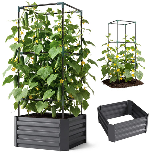 Galvanized Planter Box, Raised Garden Bed with Trellis, Grey