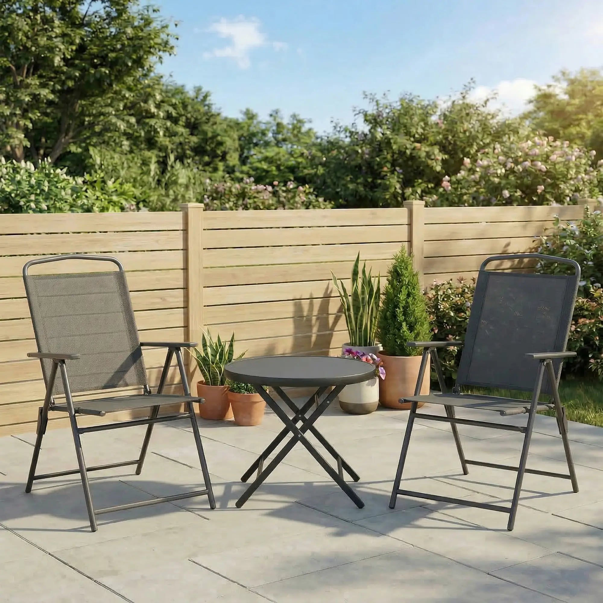 3 Piece Bistro Set, Foldable Mesh Chairs, Glass Table, Charcoal Grey Bistro Sets at Gallery Canada