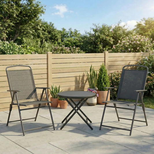 3 Piece Bistro Set, Foldable Mesh Chairs, Glass Table, Charcoal Grey Bistro Sets Charcaol Grey at Gallery Canada