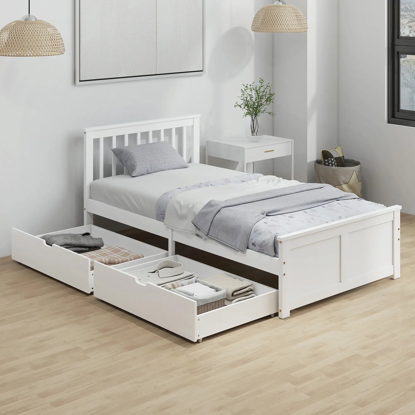 Pine Twin Bed Frame, Wood Storage Drawers, White Bed Frames at Gallery Canada