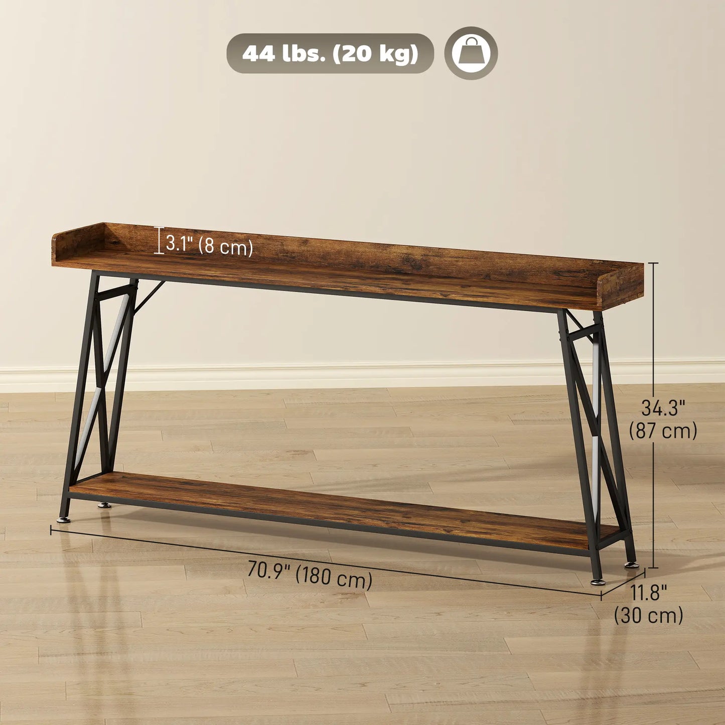 71 Inch Extra Long Console Table with Storage Shelf, Rustic Brown Console Tables at Gallery Canada