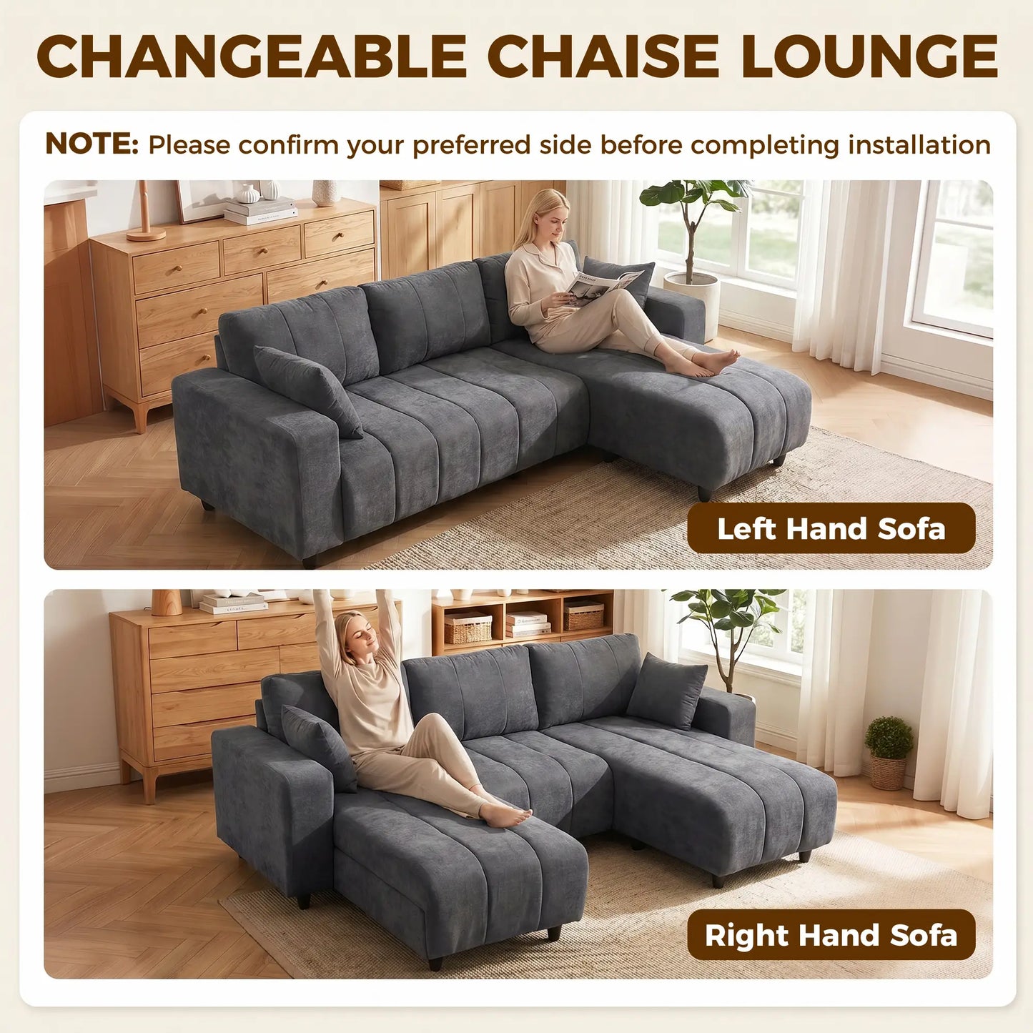 Canapé d'angle 3 places avec méridienne, coussin à ressorts, gris