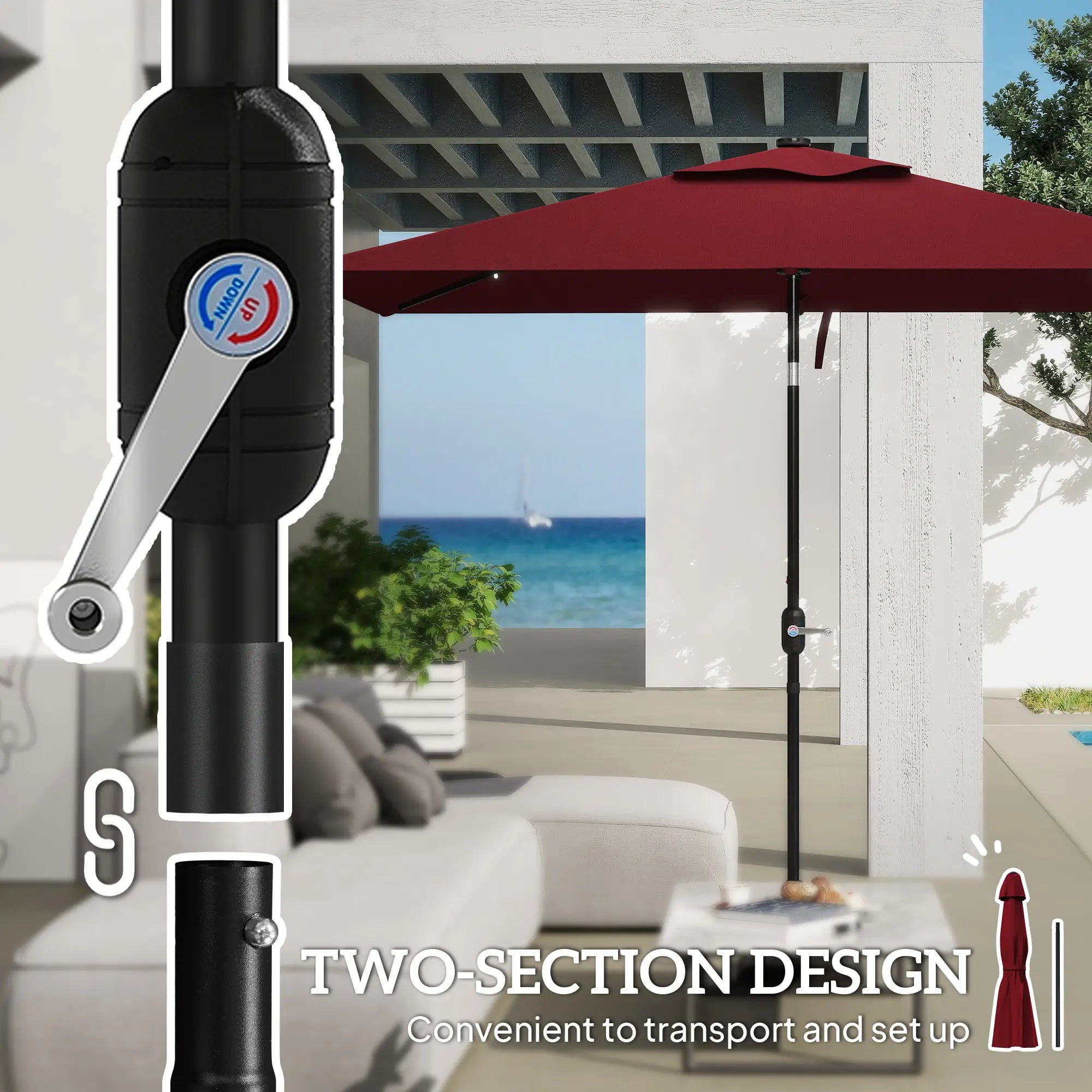 6' x 10' Rectangular Patio Umbrella, 22 LED Solar Lights, Tilt, Crank, Wine Red Sun Umbrellas at Gallery Canada