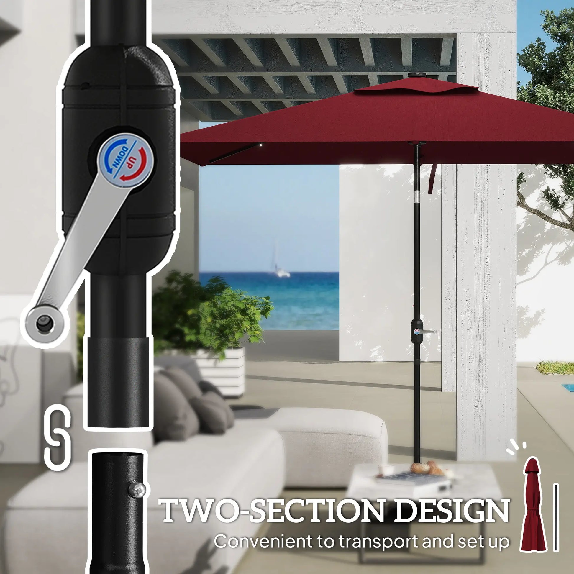 6' x 10' Rectangular Patio Umbrella, 22 LED Solar Lights, Tilt, Crank, Wine Red Sun Umbrellas at Gallery Canada