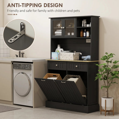 Kitchen Cabinet with Charging Station, 2 Tilt Out Cabinets, Microwave Stand, Black Kitchen Pantry Cabinets at Gallery Canada