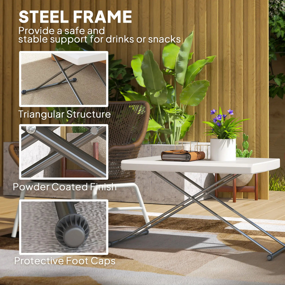 Folding Outdoor Patio Table, 3-Level Adjustable, HDPE Top, Steel Legs, White Patio Dinning Tables at Gallery Canada