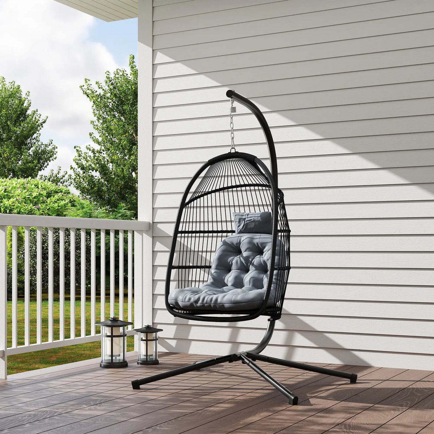 Wicker Egg Swing Chair, Foldable with Stand, UV Resistant Cushion, Headrest, Dark Grey Patio Swings with Stand at Gallery Canada