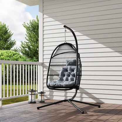 Wicker Egg Swing Chair, Foldable with Stand, UV Resistant Cushion, Headrest, Dark Grey Patio Swings with Stand at Gallery Canada
