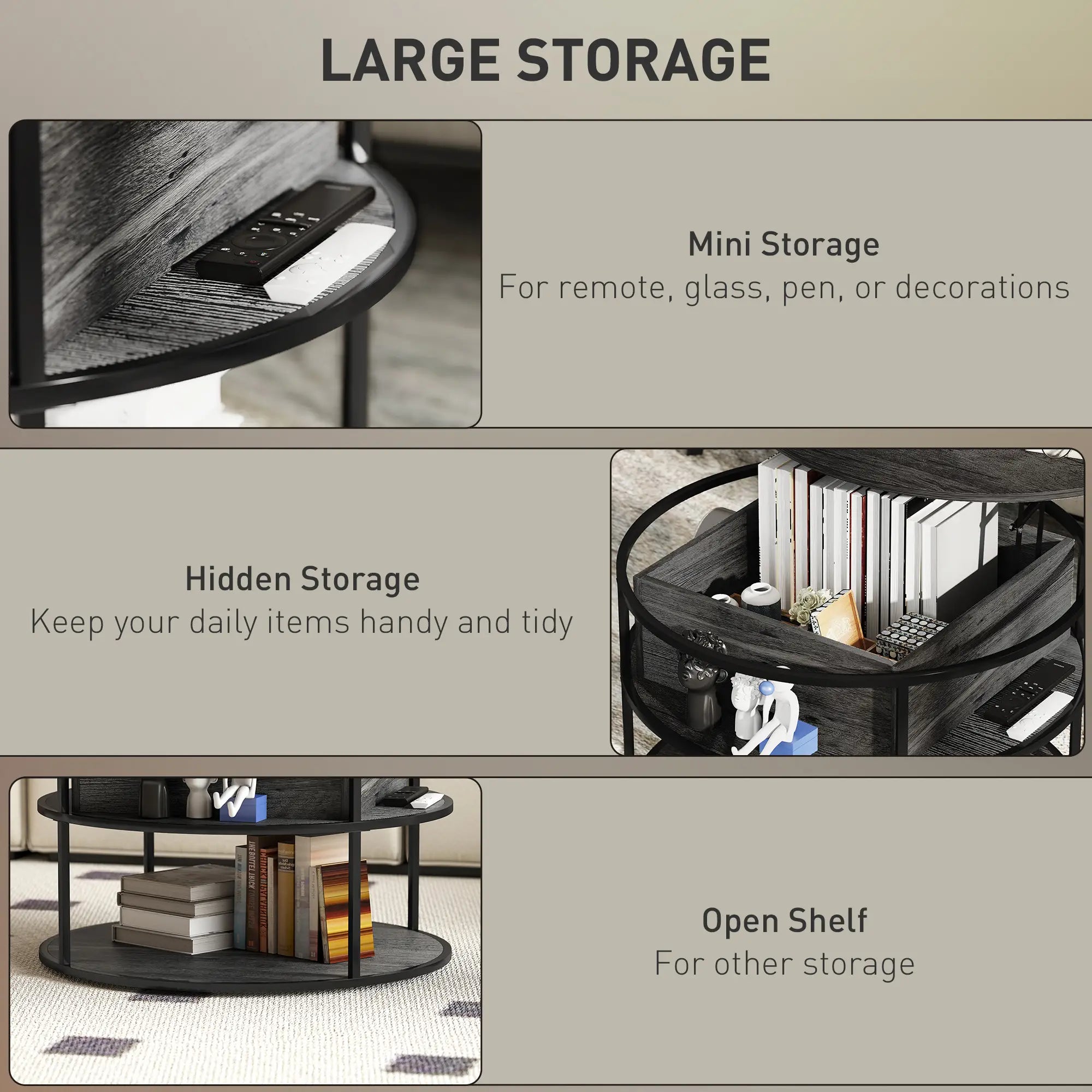 Round Lift Top Coffee Table, Storage Shelf, Hidden Compartment, Steel Frame, Distressed, Dark Grey Coffee Tables at Gallery Canada