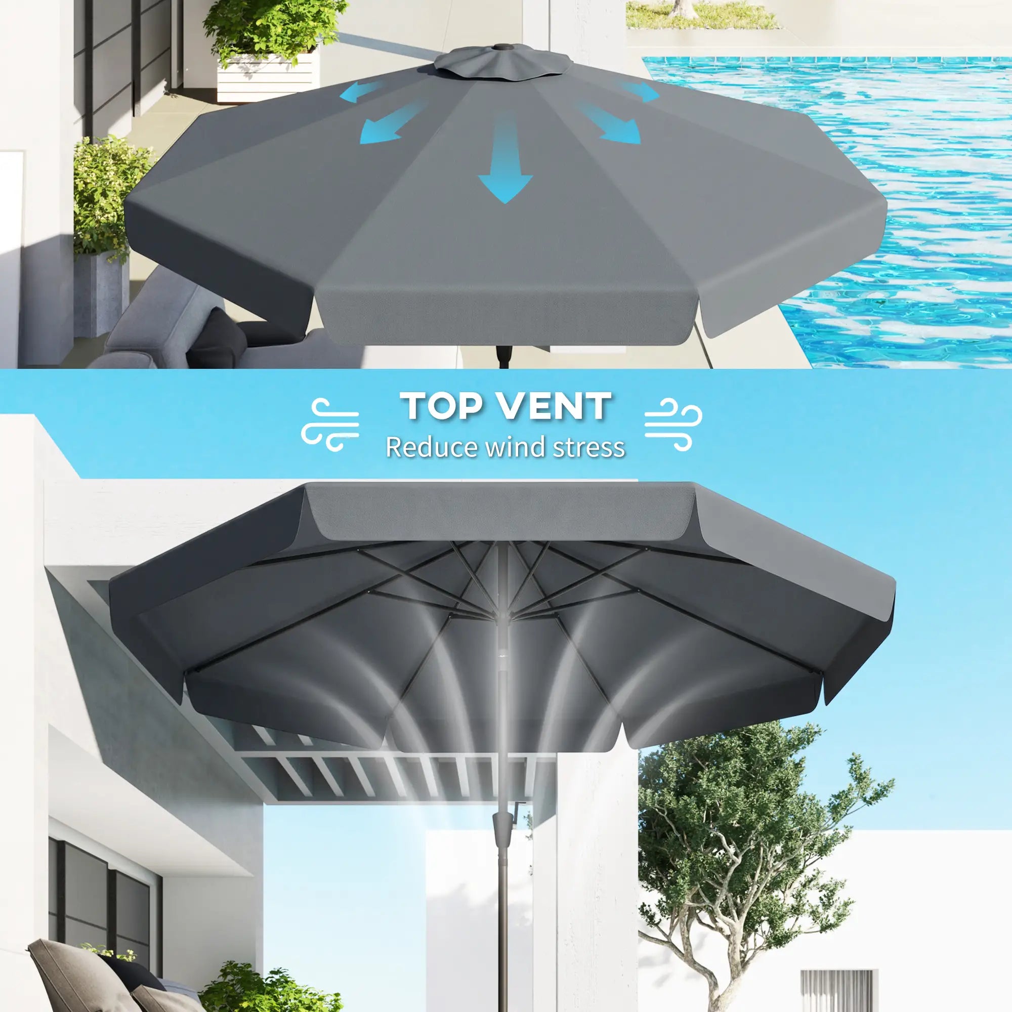 8.5 ft Round Patio Umbrella, Tilt and Crank, Dark Grey Sun Umbrellas at Gallery Canada