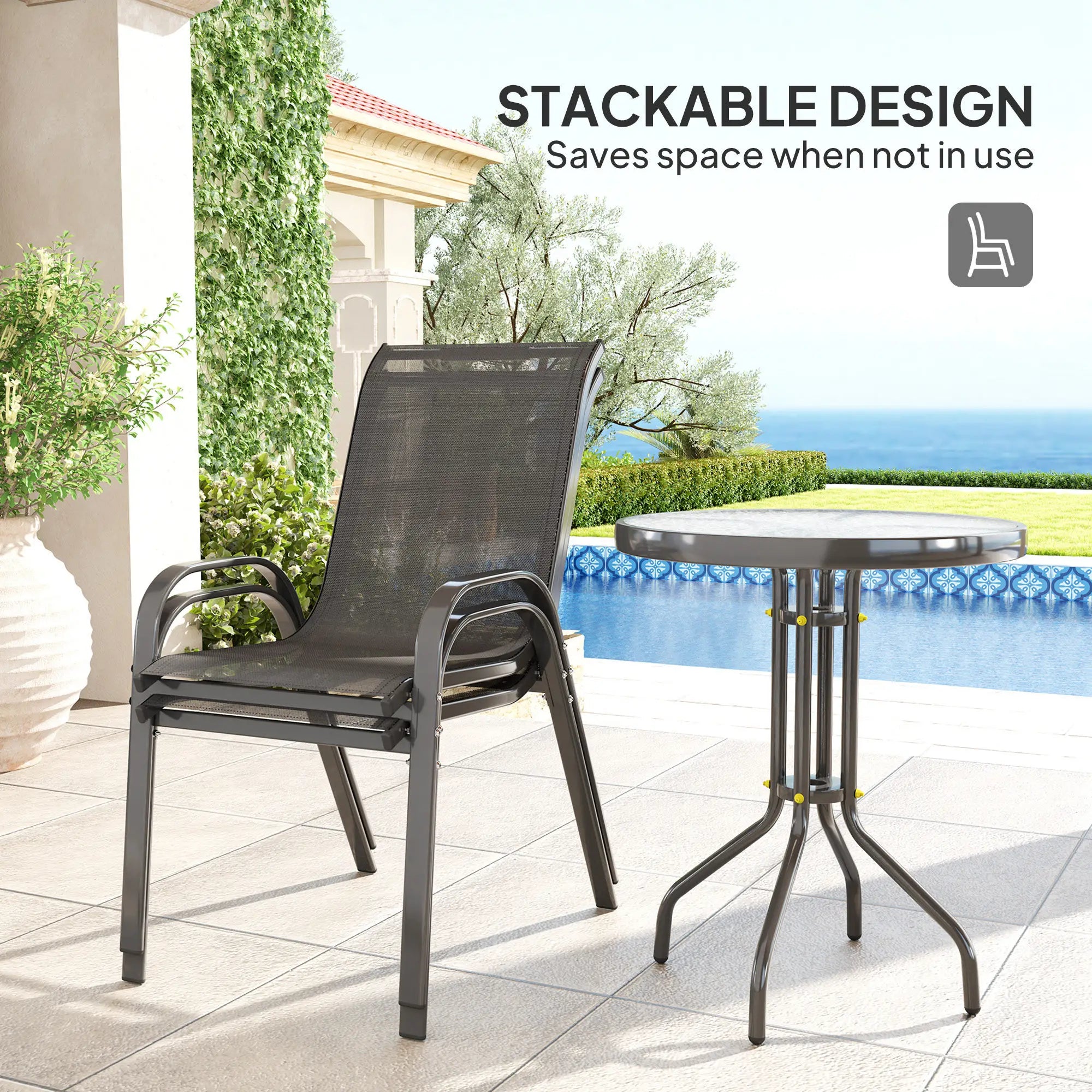 3 Piece Bistro Set, Stackable Mesh Chairs, Glass Table, Black Bistro Sets at Gallery Canada