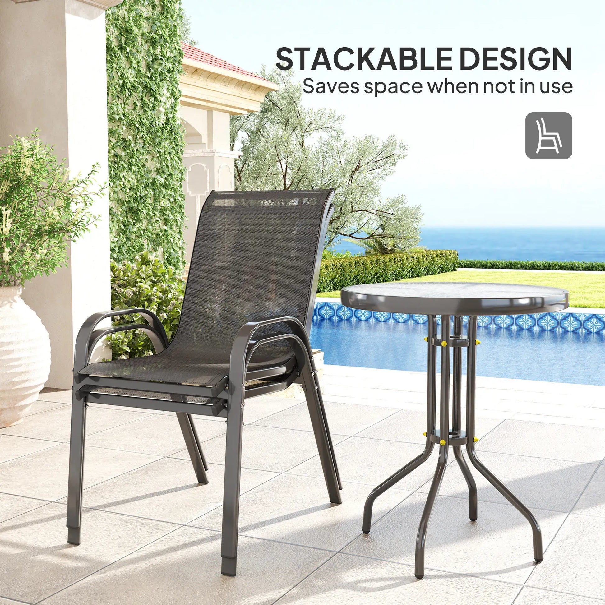 3 Piece Bistro Set, Stackable Mesh Chairs, Glass Table, Black Bistro Sets at Gallery Canada