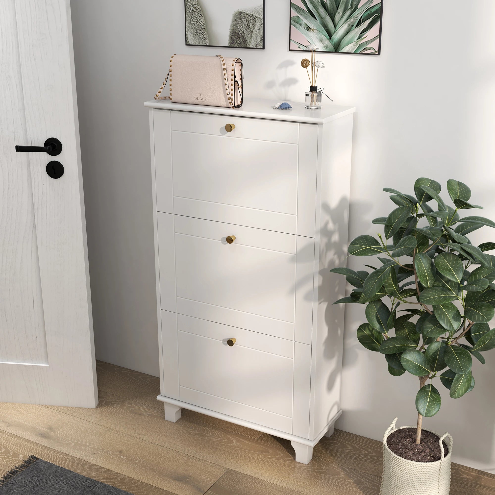 Narrow Shoe Storage, 3 Flip Drawers, Adjustable Shelves, Holds 12 Pairs, White Shoe Storage Cabinets & Racks at Gallery Canada