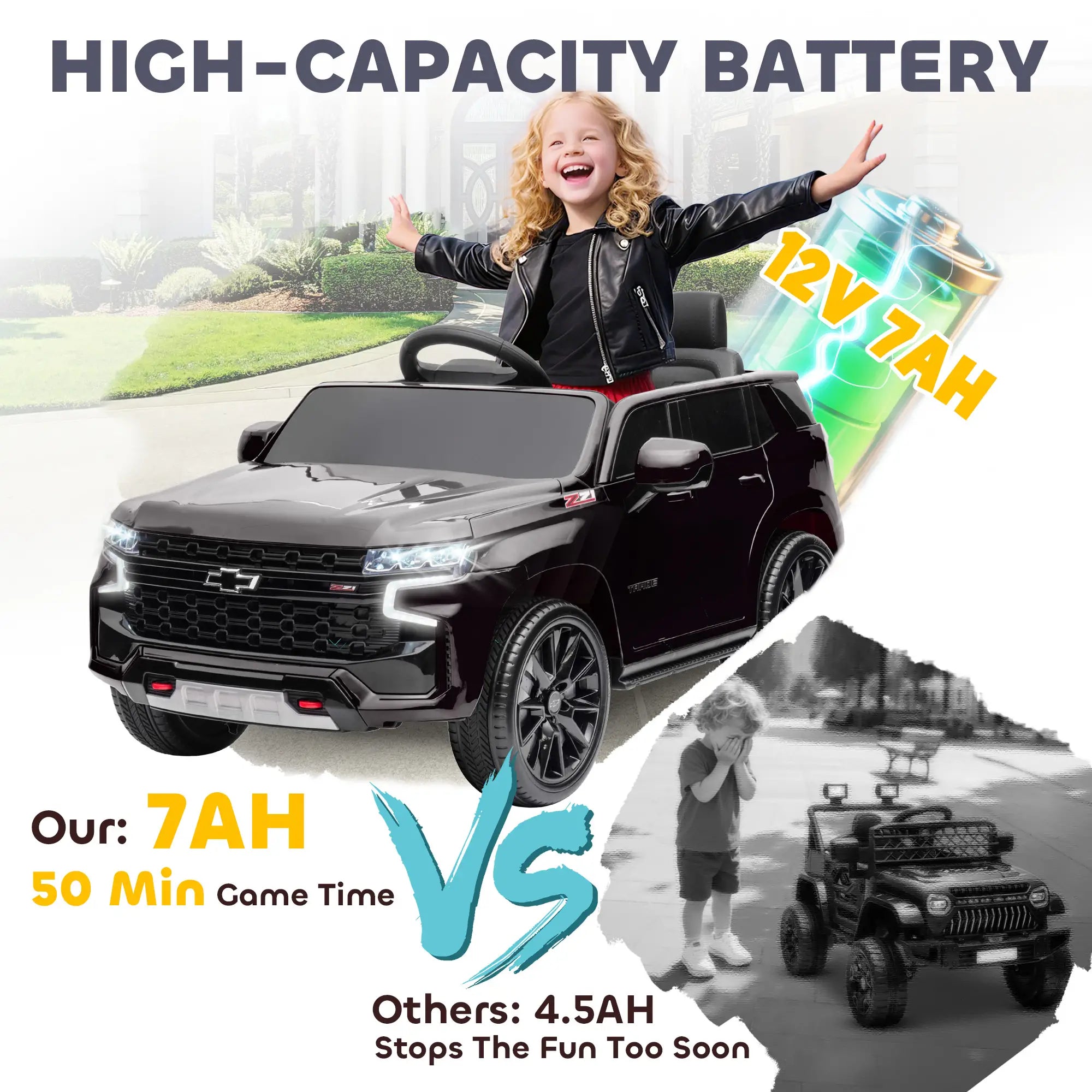 Chevrolet Tahoe Kids Ride on Car, 12V 7AH, Remote Control, 3 Speeds, Black Electric Toy Cars at Gallery Canada