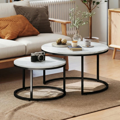Modern Coffee Table Set, 2 Nesting Tables, Metal Base, Marble White, White Coffee Tables at Gallery Canada
