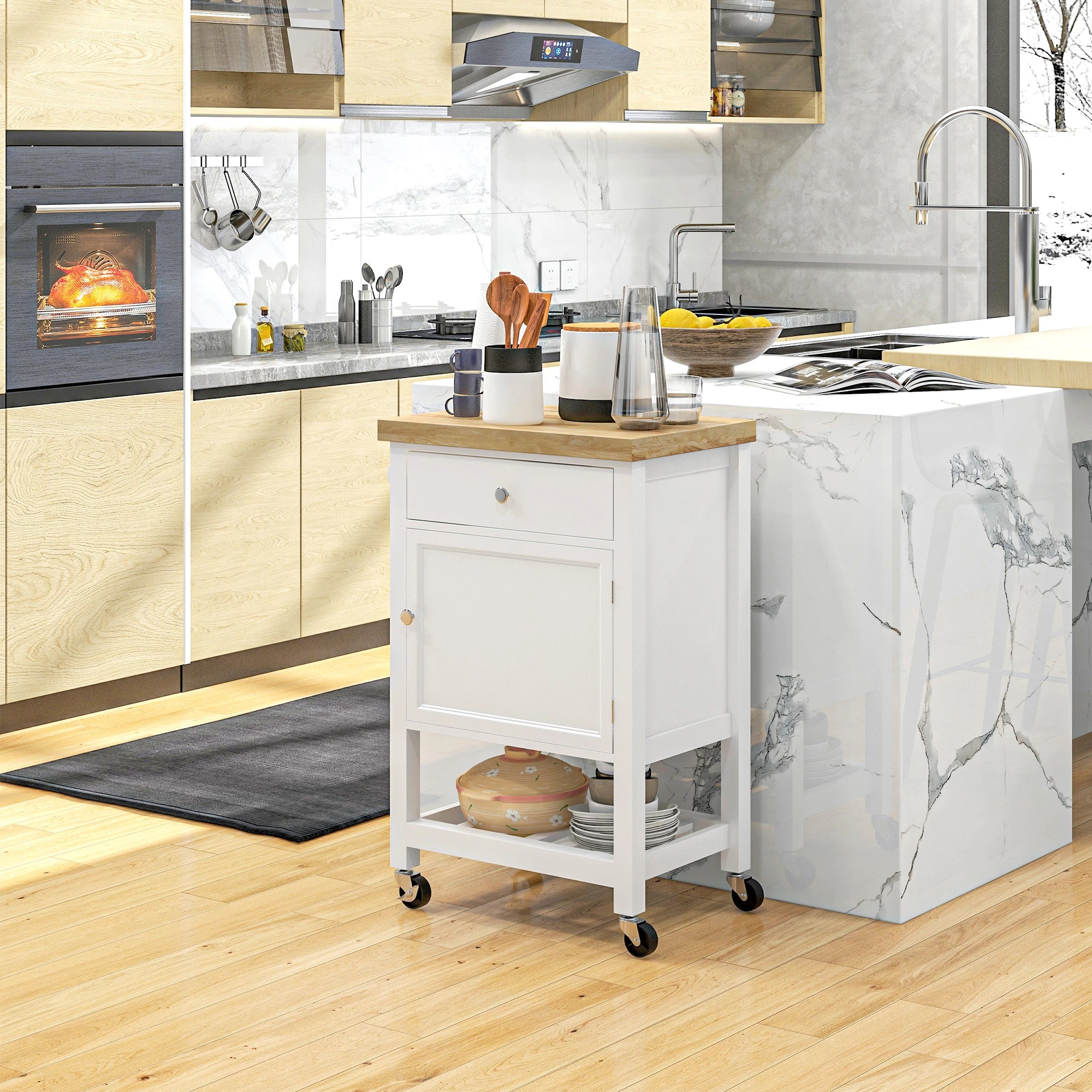 Kitchen Cart on Wheels, Wood Top, Towel Rack, Drawer, Shelf, White Kitchen Islands & Kitchen Carts at Gallery Canada