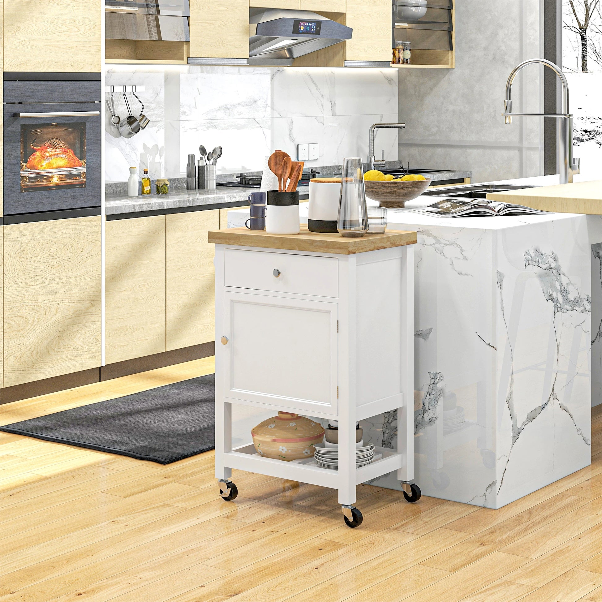 Kitchen Cart on Wheels, Wood Top, Towel Rack, Drawer, Shelf, White Kitchen Islands & Kitchen Carts at Gallery Canada
