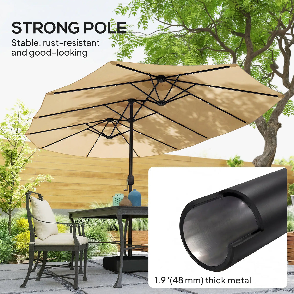 Double Sided Patio Umbrella, 15ft, LED Lights, Base Included, Khaki Double-sided Umbrellas at Gallery Canada