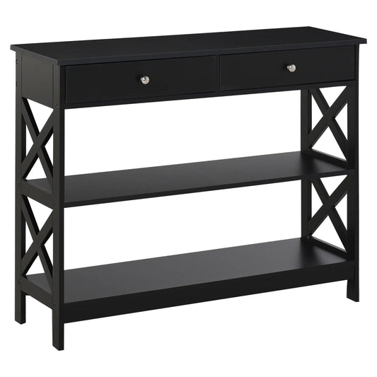 39" Narrow Console Table, Storage Shelves, Drawers, X Frame, Black Console Tables Black at Gallery Canada