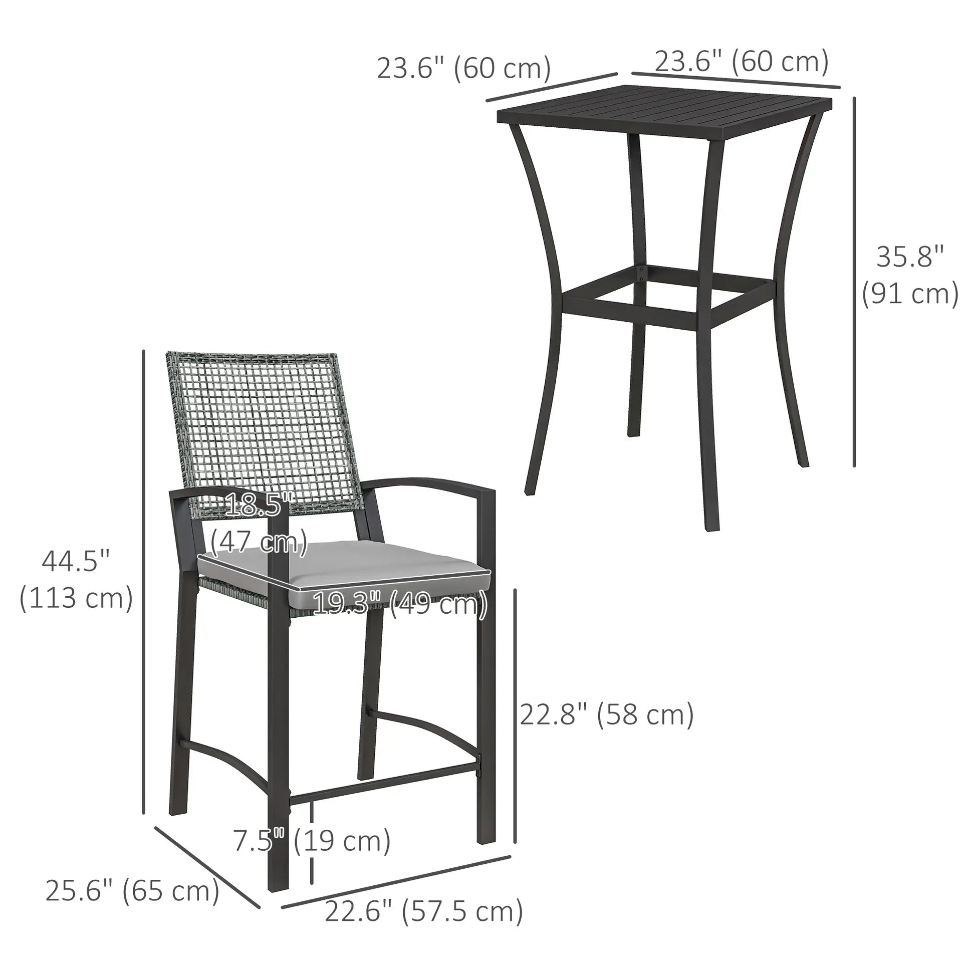 3pc Rattan Patio Bar Table, Chairs with Cushions, Bar Furniture Bistro Sets at Gallery Canada