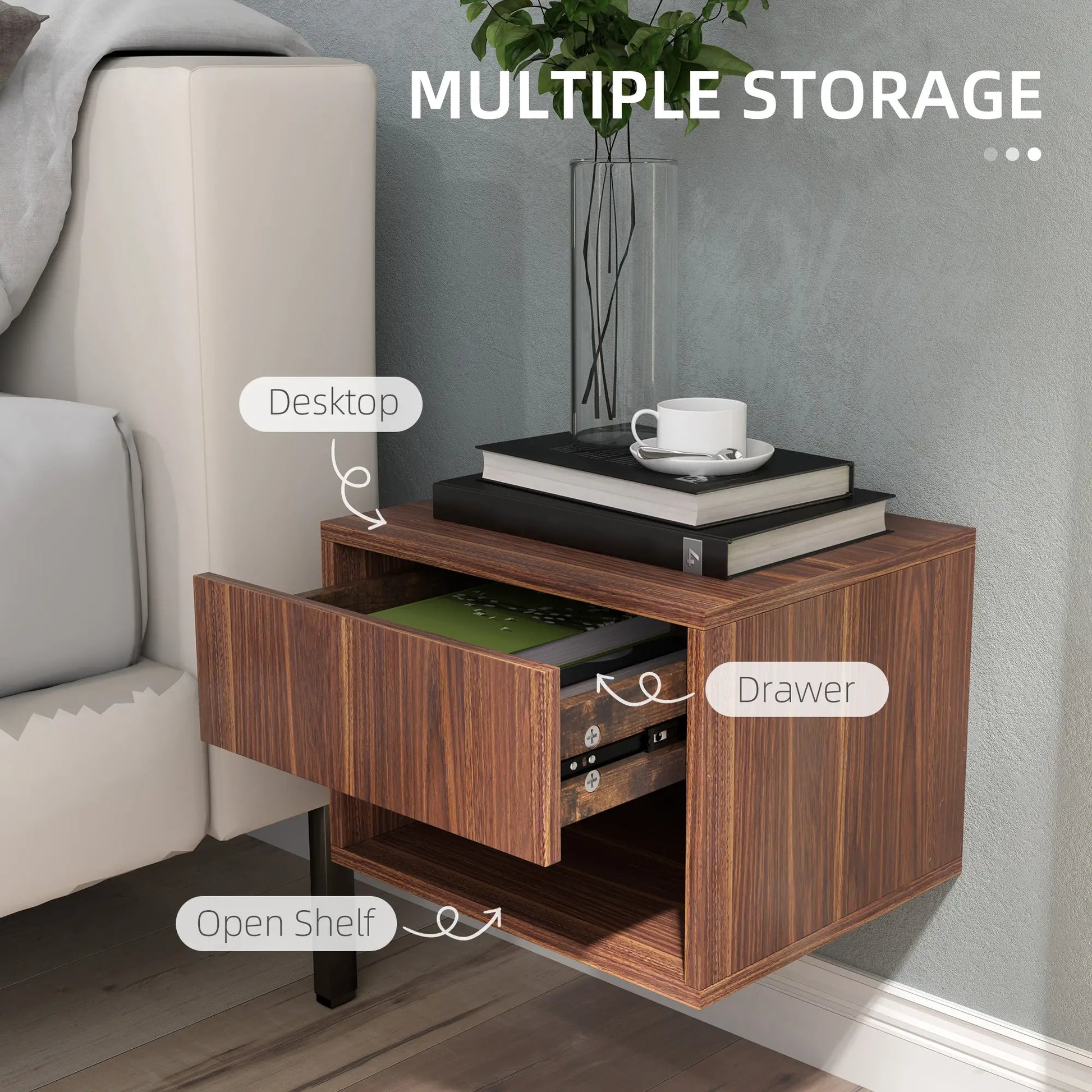 Floating Nightstand Set of 2, Wall Mounted, Brown Bedside Tables at Gallery Canada