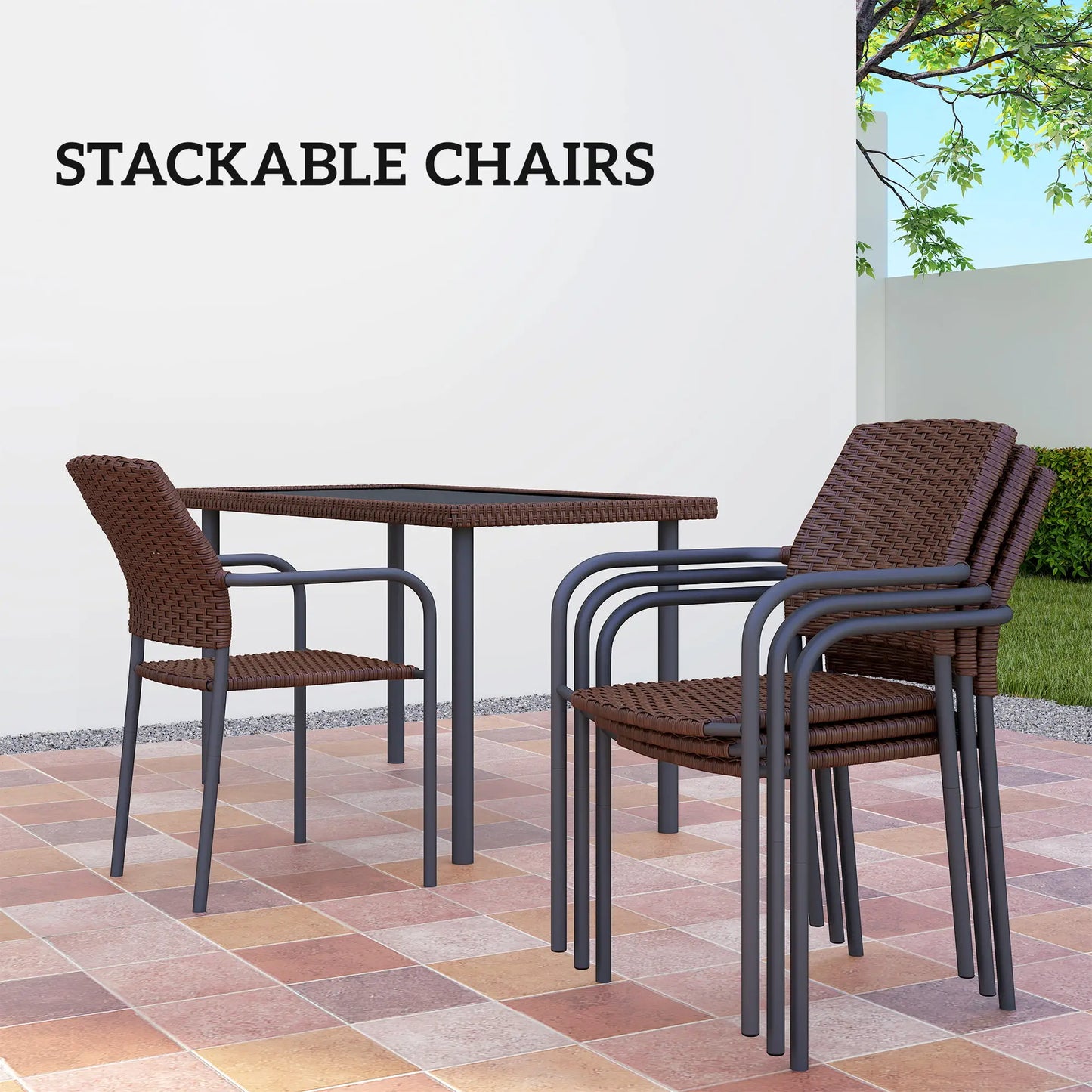 5 Piece Outdoor Dining Set, PE Wicker Rattan Patio Furniture, Stackable Chairs, Glass Table Top Patio Furniture Sets at Gallery Canada