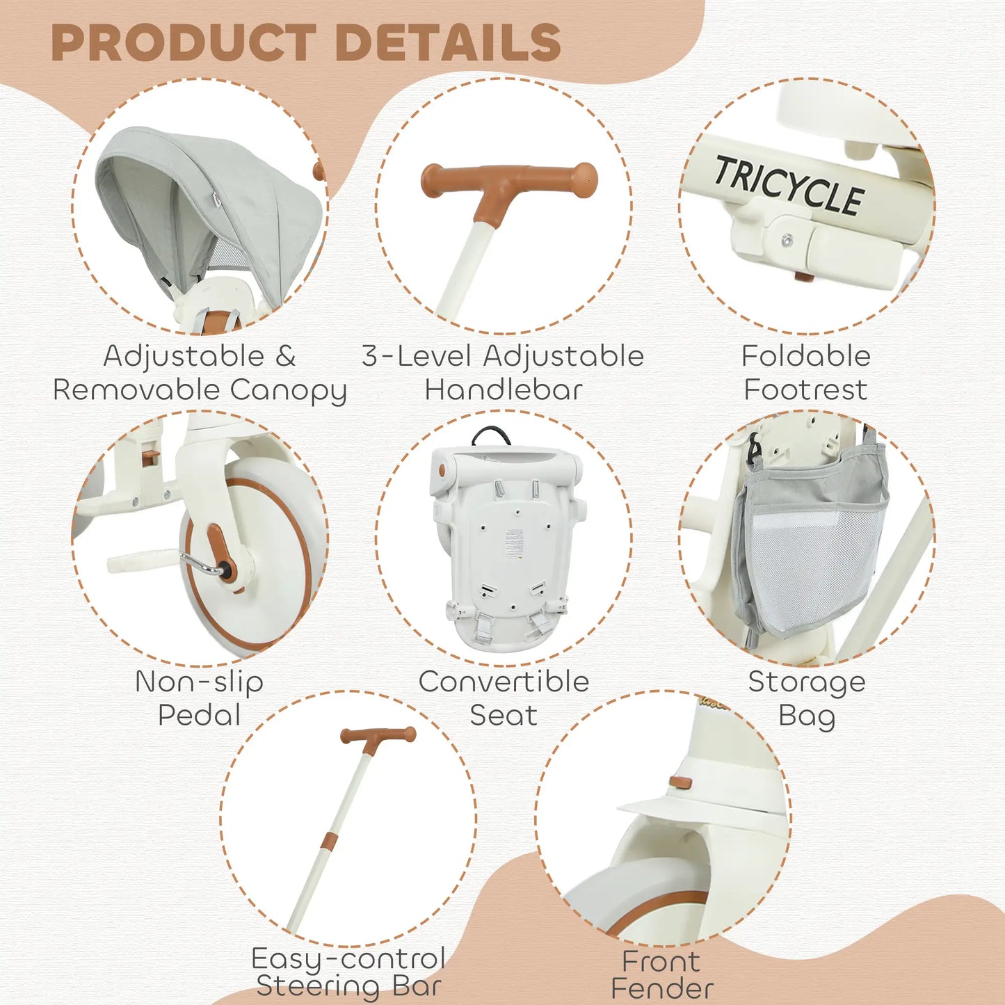 7 in 1 Toddler Tricycle, Safety Harness, Adjustable Parent Handle, Cream White Tricycles for Kids at Gallery Canada