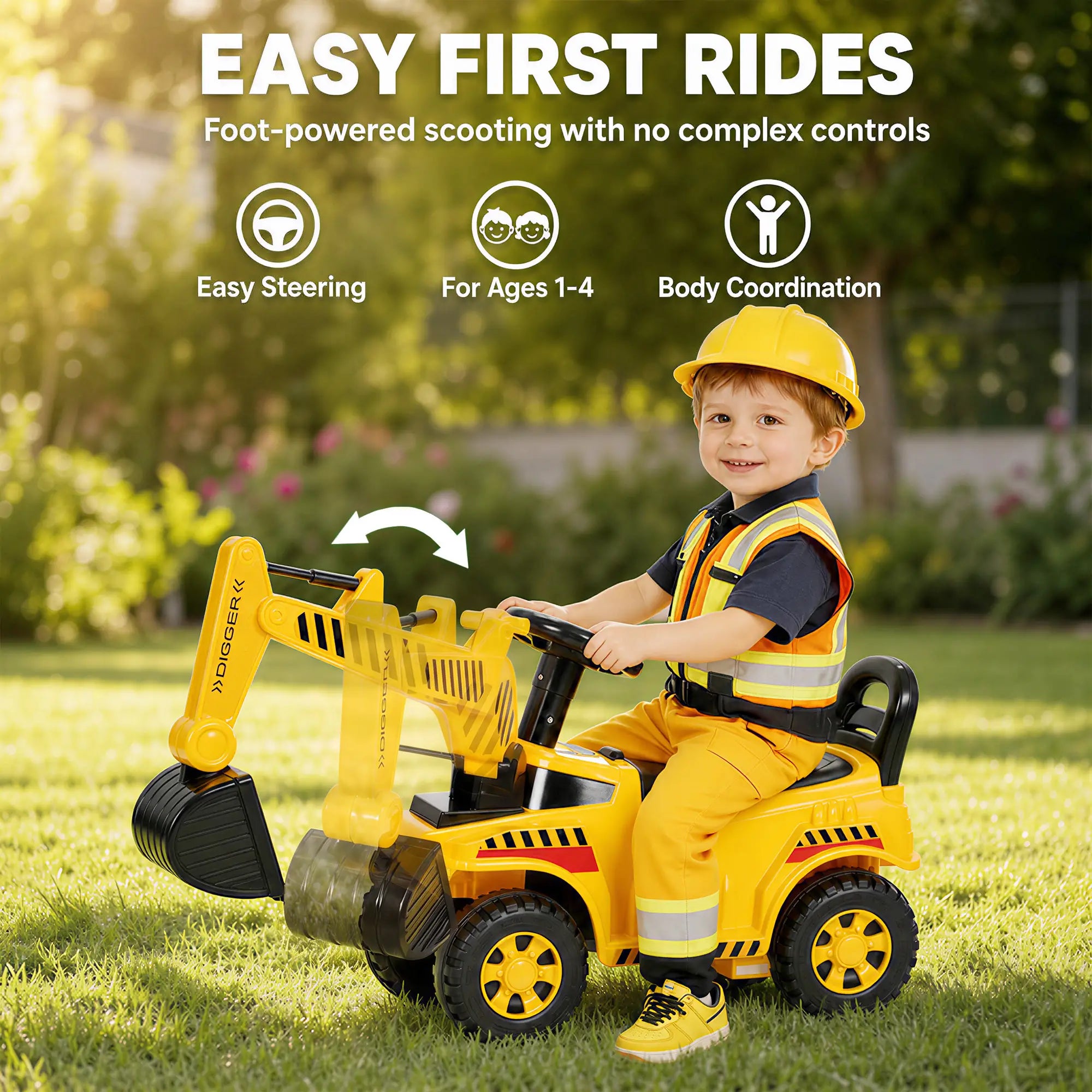 Kids Ride On Excavator Toy, Yellow Construction Digger, Helmet, Yellow Toy Excavators at Gallery Canada