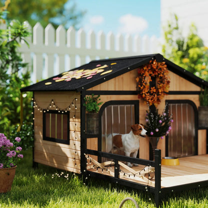 59"x64"x39" Wood Dog House, Outdoor Cabin-Style, Elevated Pet Shelter, Beige Houses, Kennels & Pens at Gallery Canada