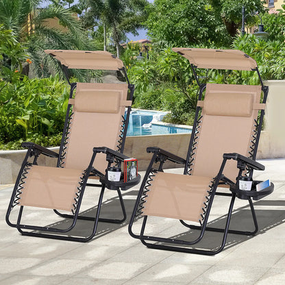 2 Piece Foldable Lounge Chair with Canopy, Outdoor Zero Gravity Chair, Beige
