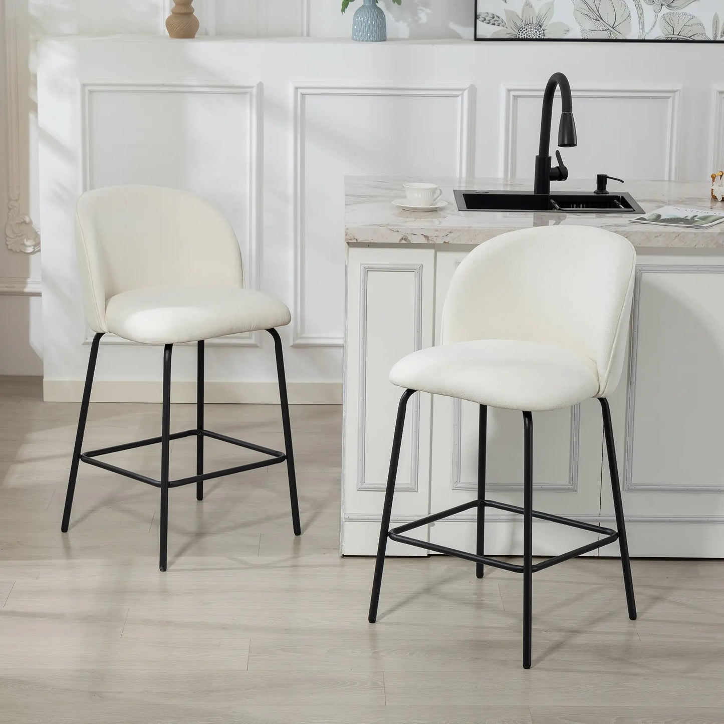 Set of 2 Counter Height Barstools, Upholstered Linen, Cream White Bar Stools at Gallery Canada