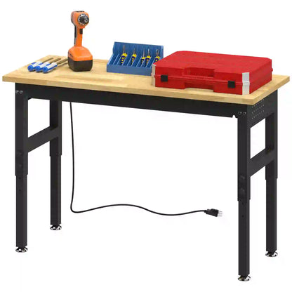 48" Adjustable Workbench, Heavy Duty Work Table with Rubber Wood Top, Power Outlets, Pegboard, 2000 LBS Capacity Tool Organizers Natural Wood, Black at Gallery Canada