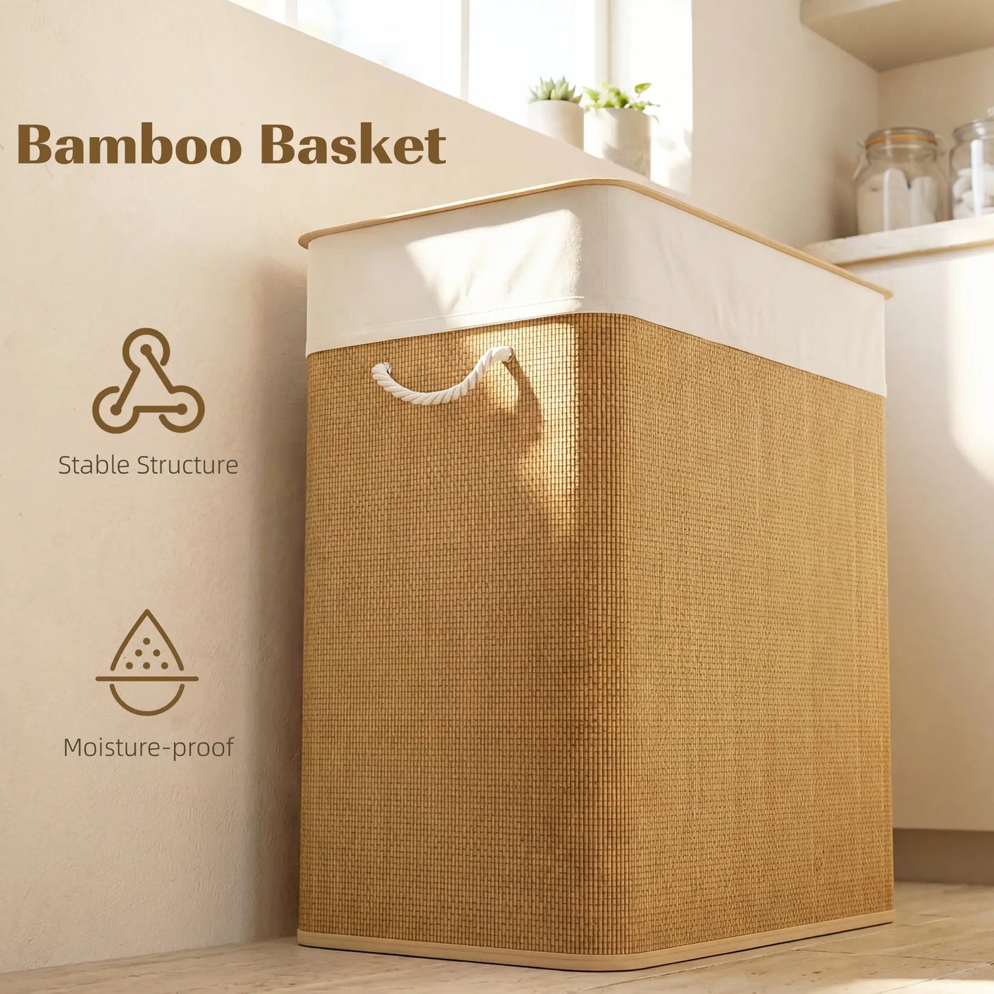 Double Laundry Basket with Lid, 100L Bamboo Hamper, Removable Bags, Brown Clothing Storage at Gallery Canada