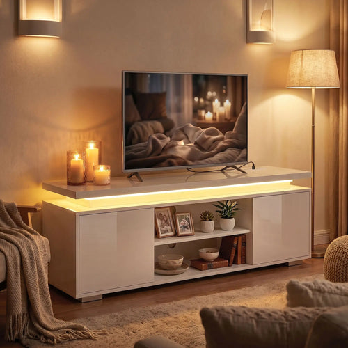 TV Stand For TVs Up To 60 In, Led Lights, Power Outlets, High Gloss White, White