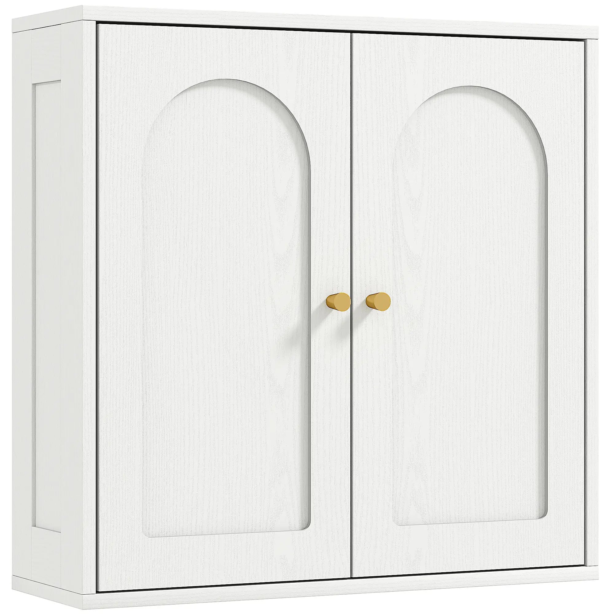 Modern Medicine Cabinet, Wood Grain, 2 Arched Doors, Gold Handles, White Bathroom Cabinets at Gallery Canada