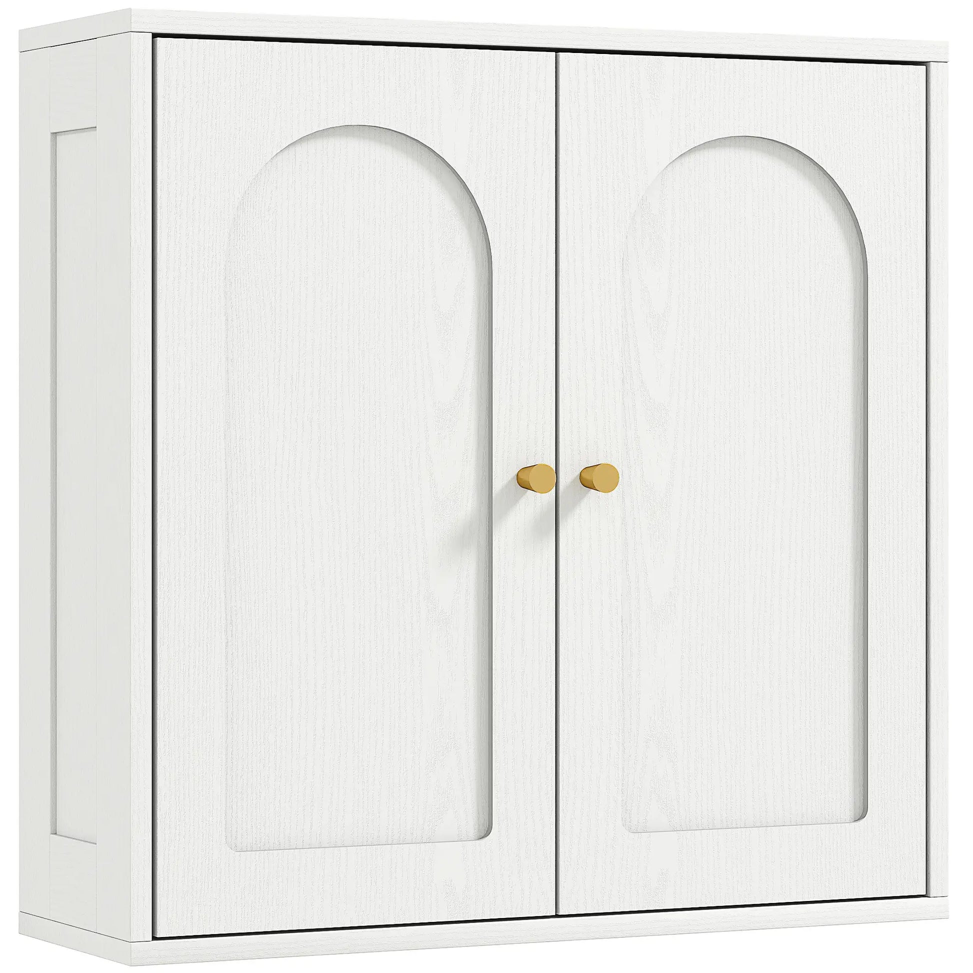 Modern Medicine Cabinet, Wood Grain, 2 Arched Doors, Gold Handles, White Bathroom Cabinets at Gallery Canada