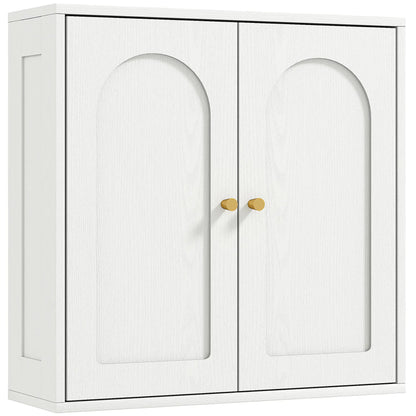 Modern Medicine Cabinet, Wood Grain, 2 Arched Doors, Gold Handles, White Bathroom Cabinets at Gallery Canada