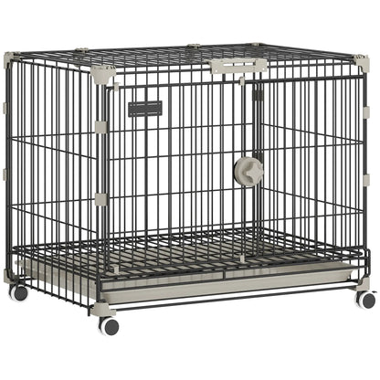 Foldable Dog Crate, 24 Inch Metal Cage, Removable Tray, Lockable Wheels, Black Dog Cages & Crates at Gallery Canada