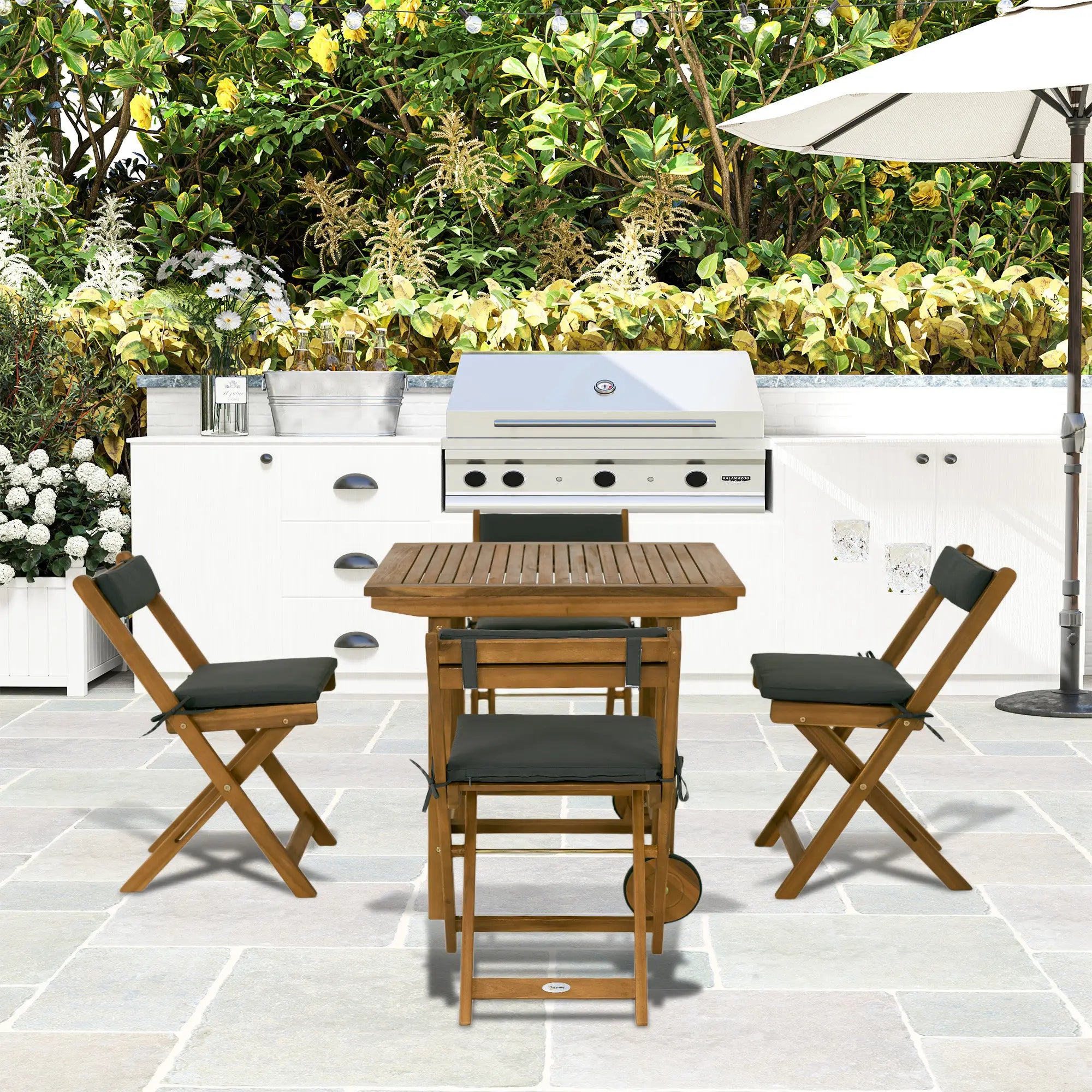 5-Piece Wood Patio Dining Set, Wheeled Table, Folding Chairs with Cushions, Teak Outdoor Dining Sets at Gallery Canada