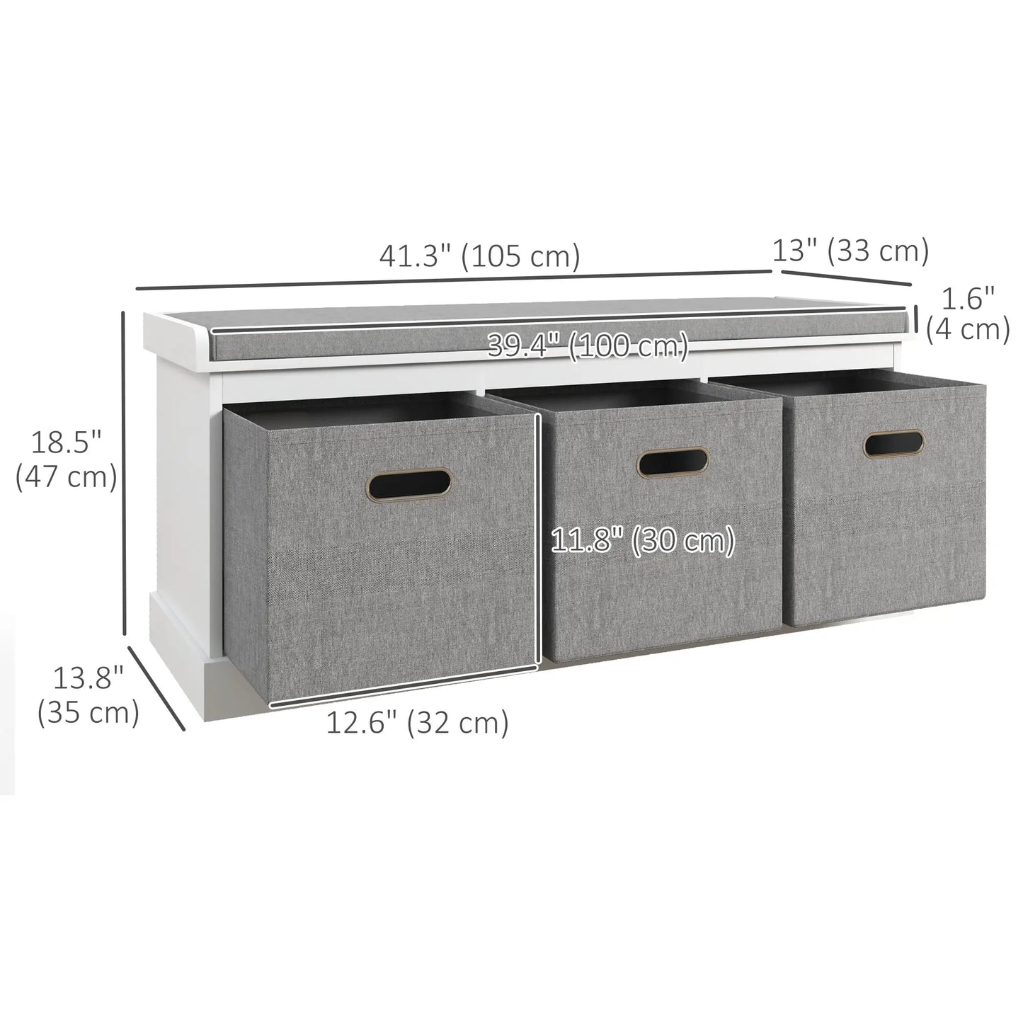 Shoe Storage Bench with Seat, Entryway Bench Seat with Cushion, 3 Fabric Drawers for Hallway, White Shoe Storage Cabinets & Racks at Gallery Canada