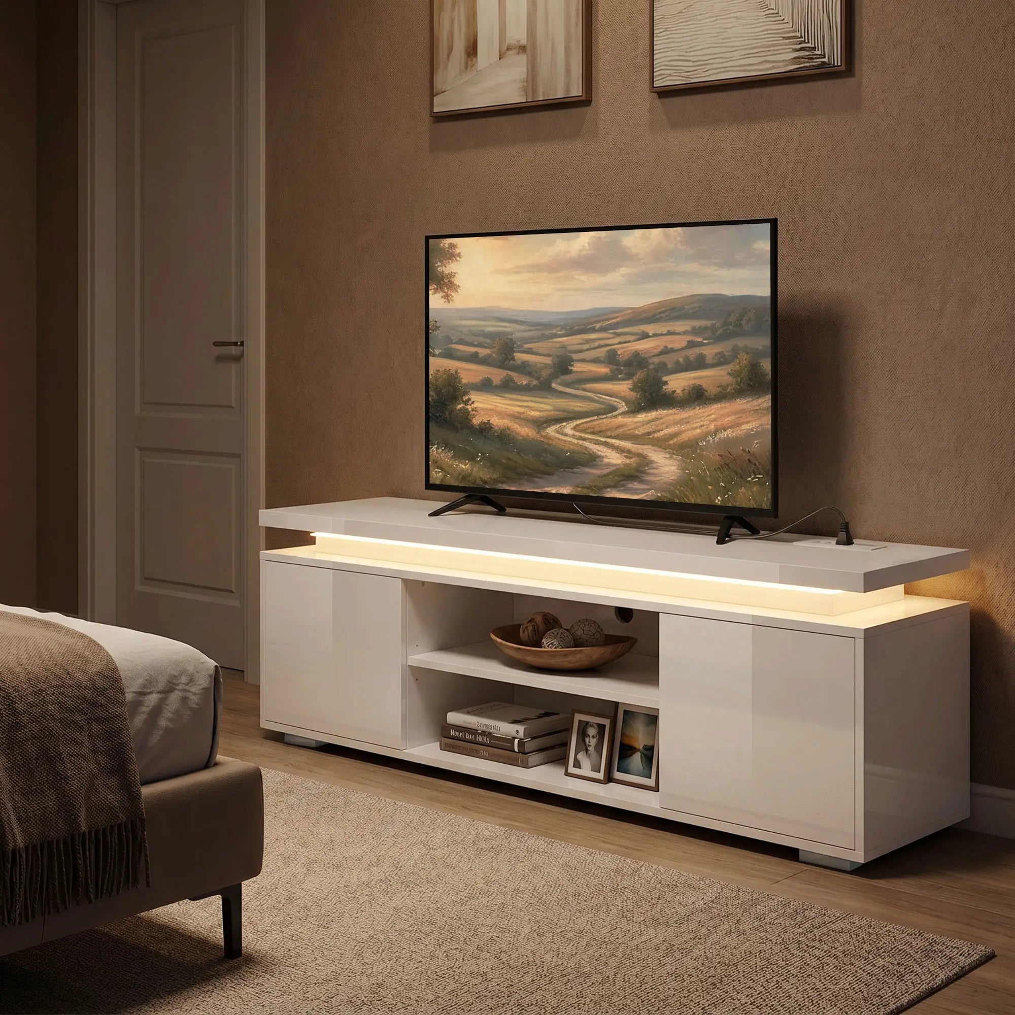 TV Stand For TVs Up To 60 In, Led Lights, Power Outlets, High Gloss White, White TV Stands at Gallery Canada