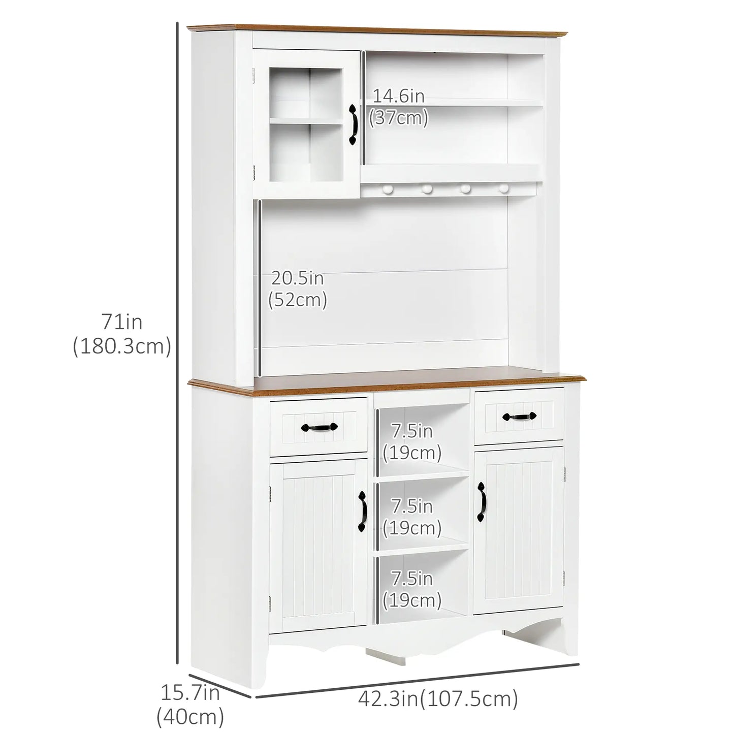 71" Kitchen Buffet with Hutch, Farmhouse Style, White Kitchen Pantry Cabinets at Gallery Canada