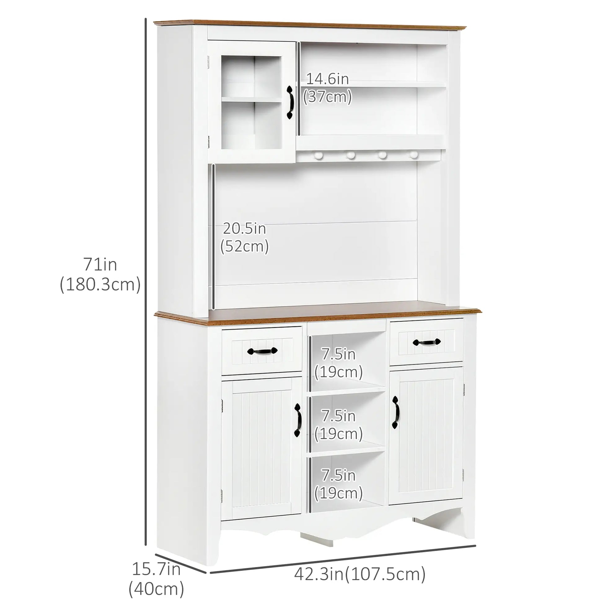 71" Kitchen Buffet with Hutch, Farmhouse Style, White Kitchen Pantry Cabinets at Gallery Canada