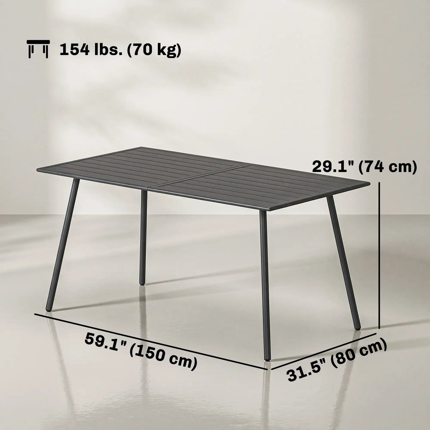 Rectangle Patio Dining Table for 6, Metal Steel Slat, 59" x 31.5" x 29", Grey Patio Dinning Tables at Gallery Canada