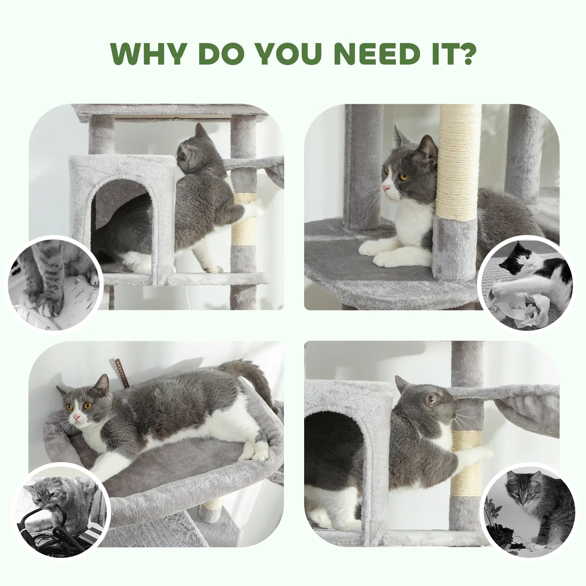 69" Cat Tree, Multi-Level Tower with 2 Condos, Plush Perch, Sisal Posts, Light Grey Cat Towers at Gallery Canada