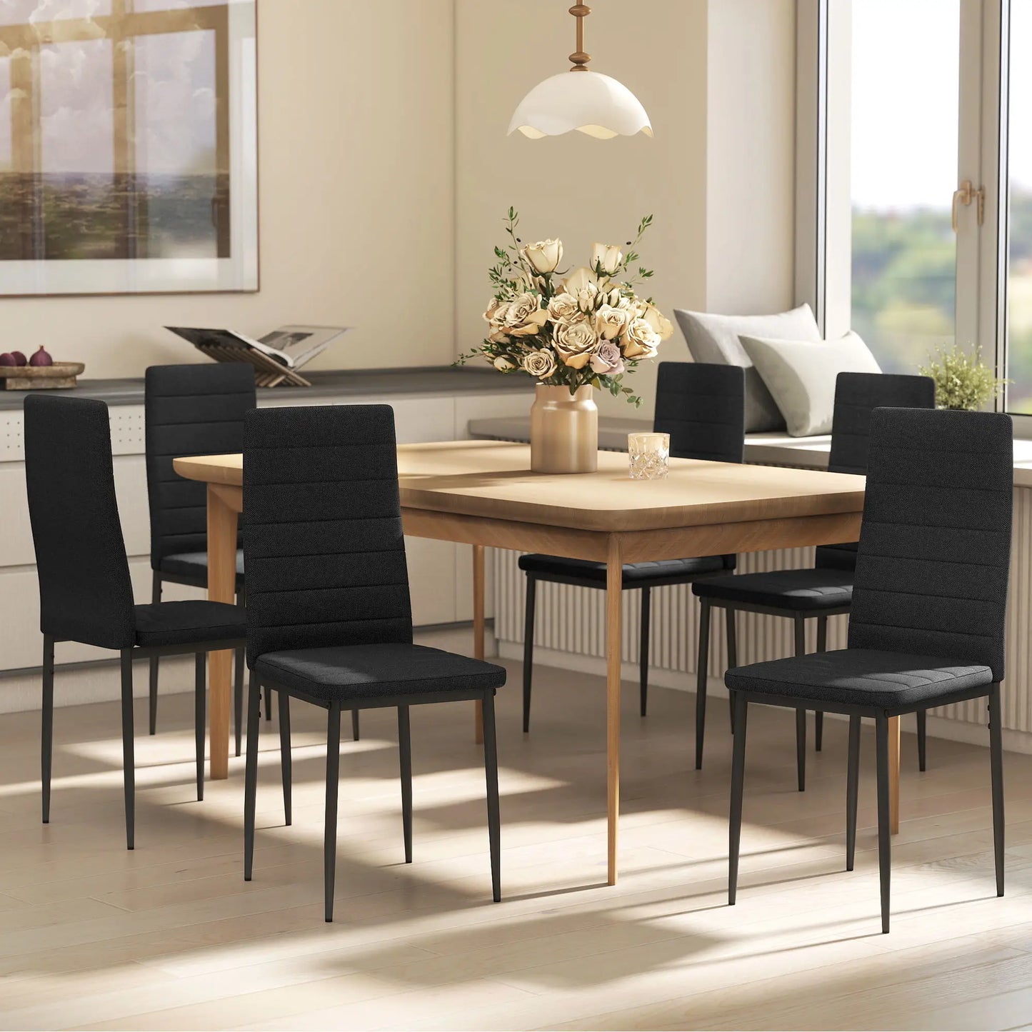 Modern High Back Dining Chairs, PU Leather Upholstered, Set of 6, Black Dining Chairs at Gallery Canada