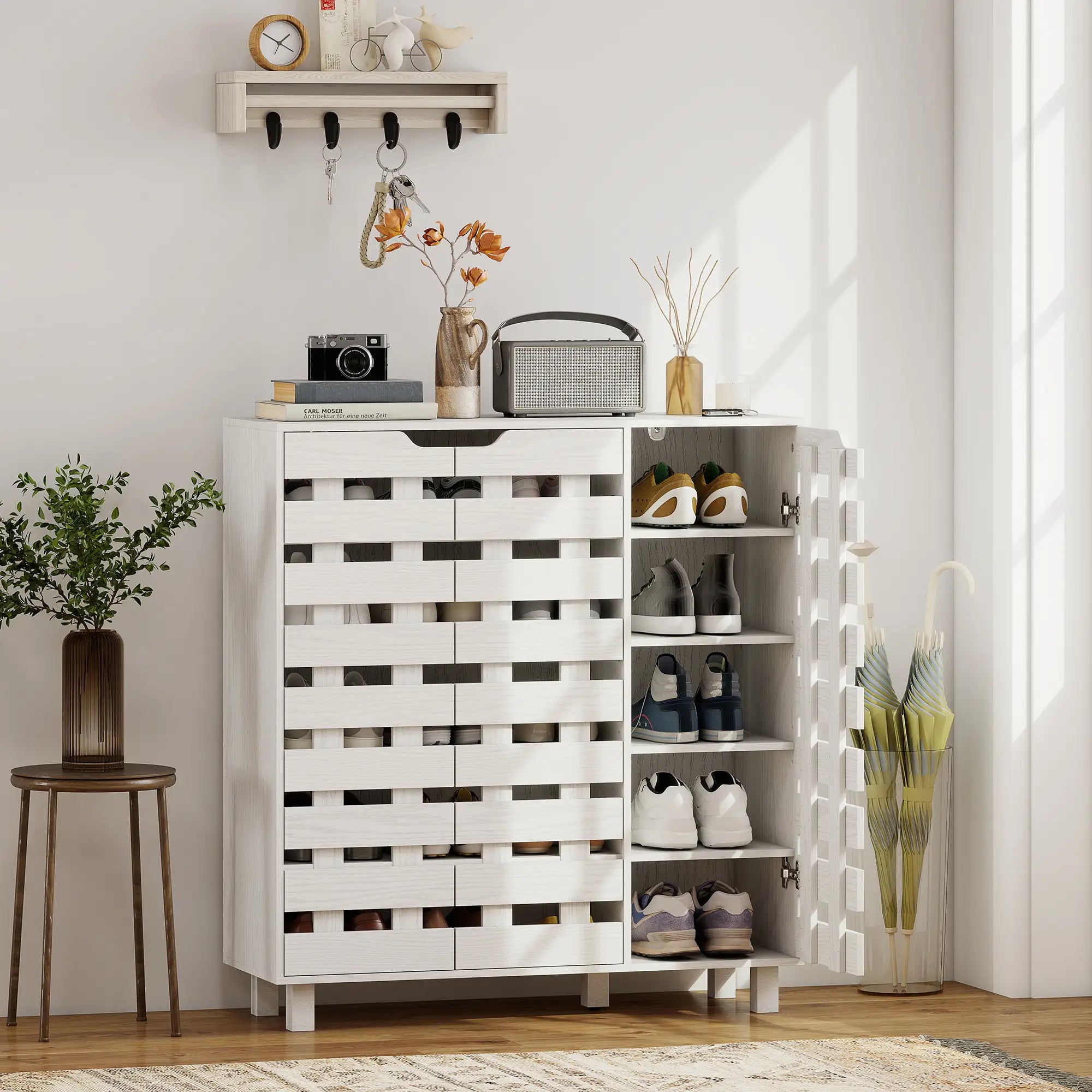 Shoe Cabinet, 21 Pair Storage with Hollowed-Out Doors, White Shoe Storage Cabinets & Racks at Gallery Canada