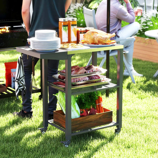 Outdoor Grill Cart With Foldable Side Table, 3-Tier Pizza Oven Stand Outdoor Grill Carts Silver, Black at Gallery Canada